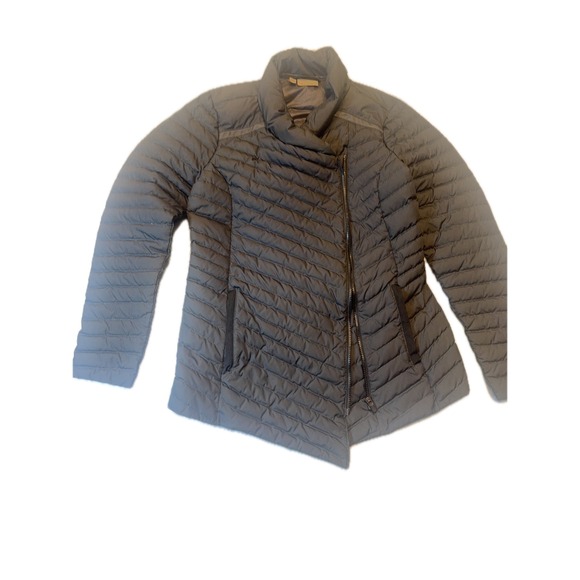 Athleta Black Down Feather Puffer Jacket Women's M Quilted Asymmetrical Zip Coat - Picture 1 of 8